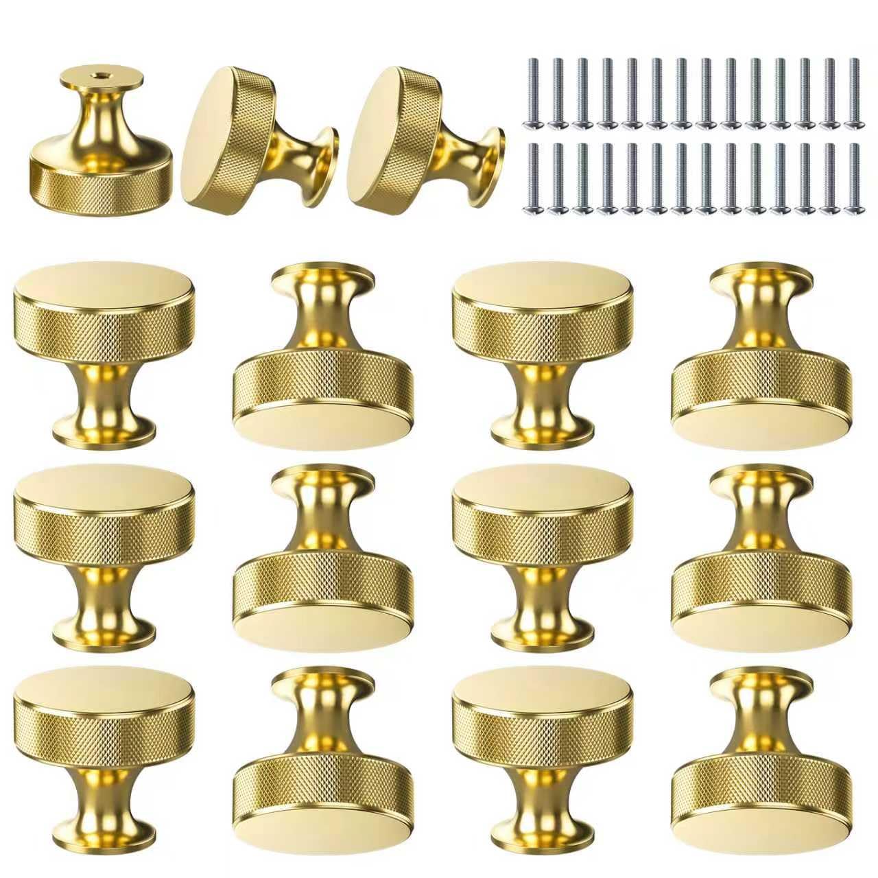 Tidetake 15 PCS Gold Cabinet Knobs Kitchen Handles Solid Brass Cabinet Knobs Gold Knurled Door Hardware Cupboard Knob for Wardrobes, Kitchen, Furniture