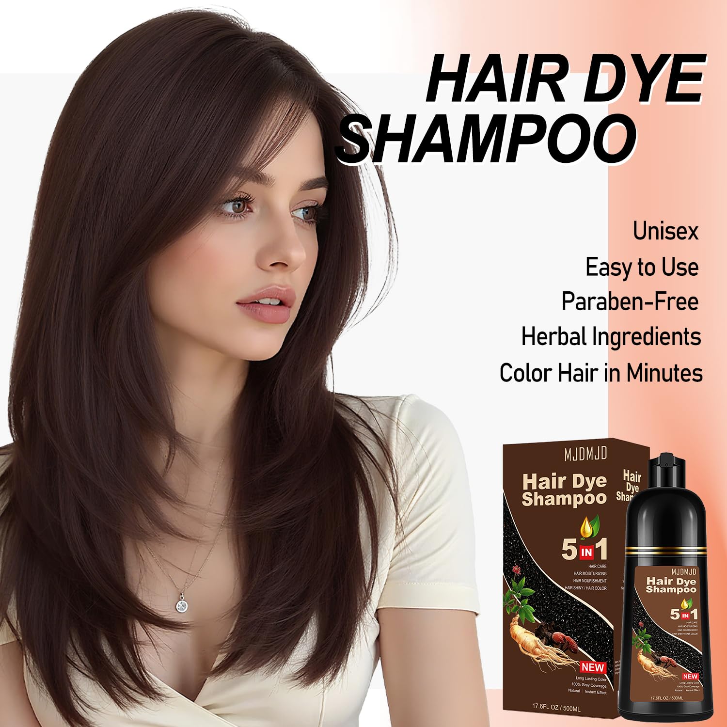 Instant Dark Brown Hair Dye Shampoo – 5-in-1 Natural Hair Coloring & Care for Gray Coverage, Herbal Ingredients, Semi-Permanent Color for Men & Women, 500ml (Dark Brown)