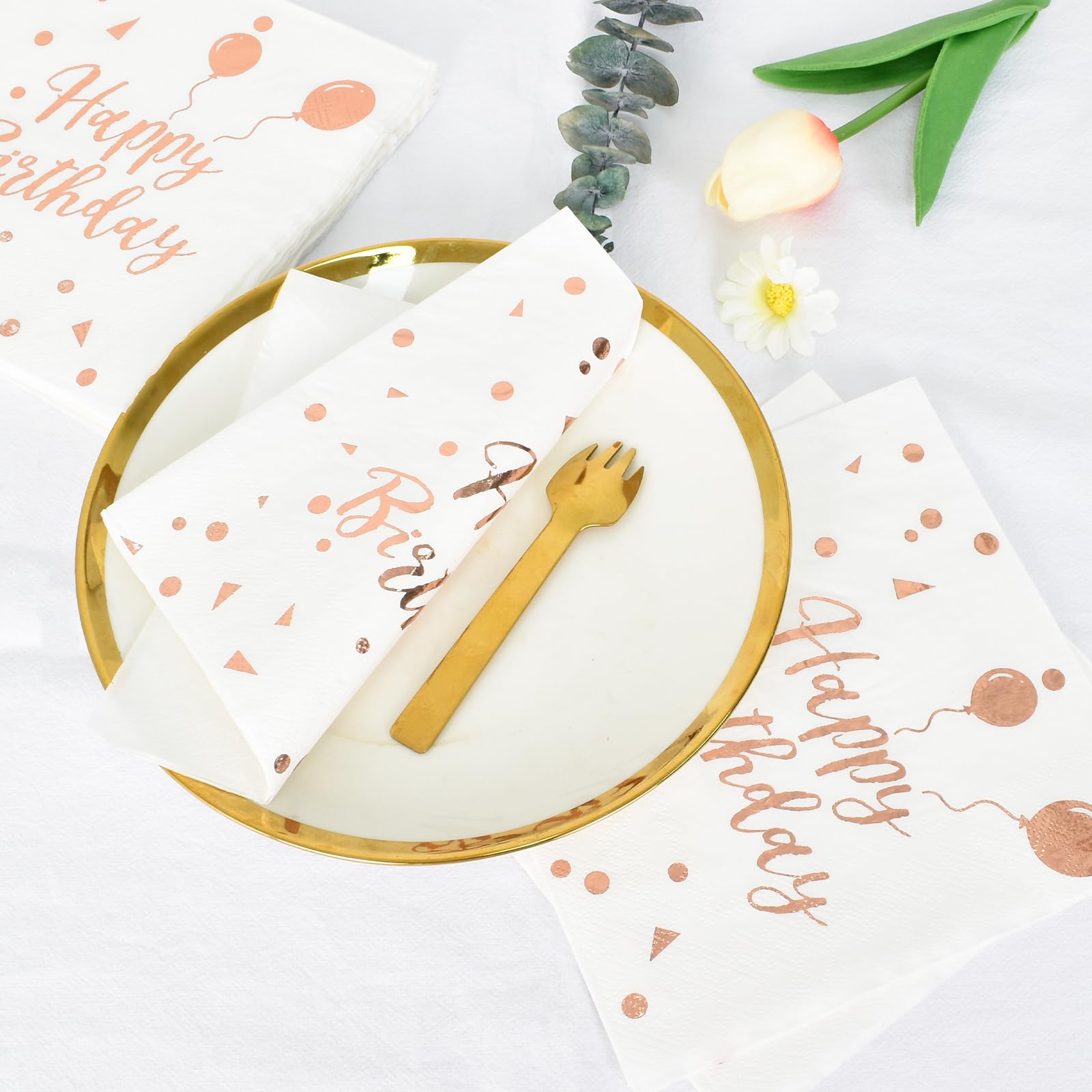 Lot De 20 Serviettes Papier Joyeux Anniversaire Dorées Et Blanches - 33x33 Cm, 2 Plis, Décoration De Table Fête - 7