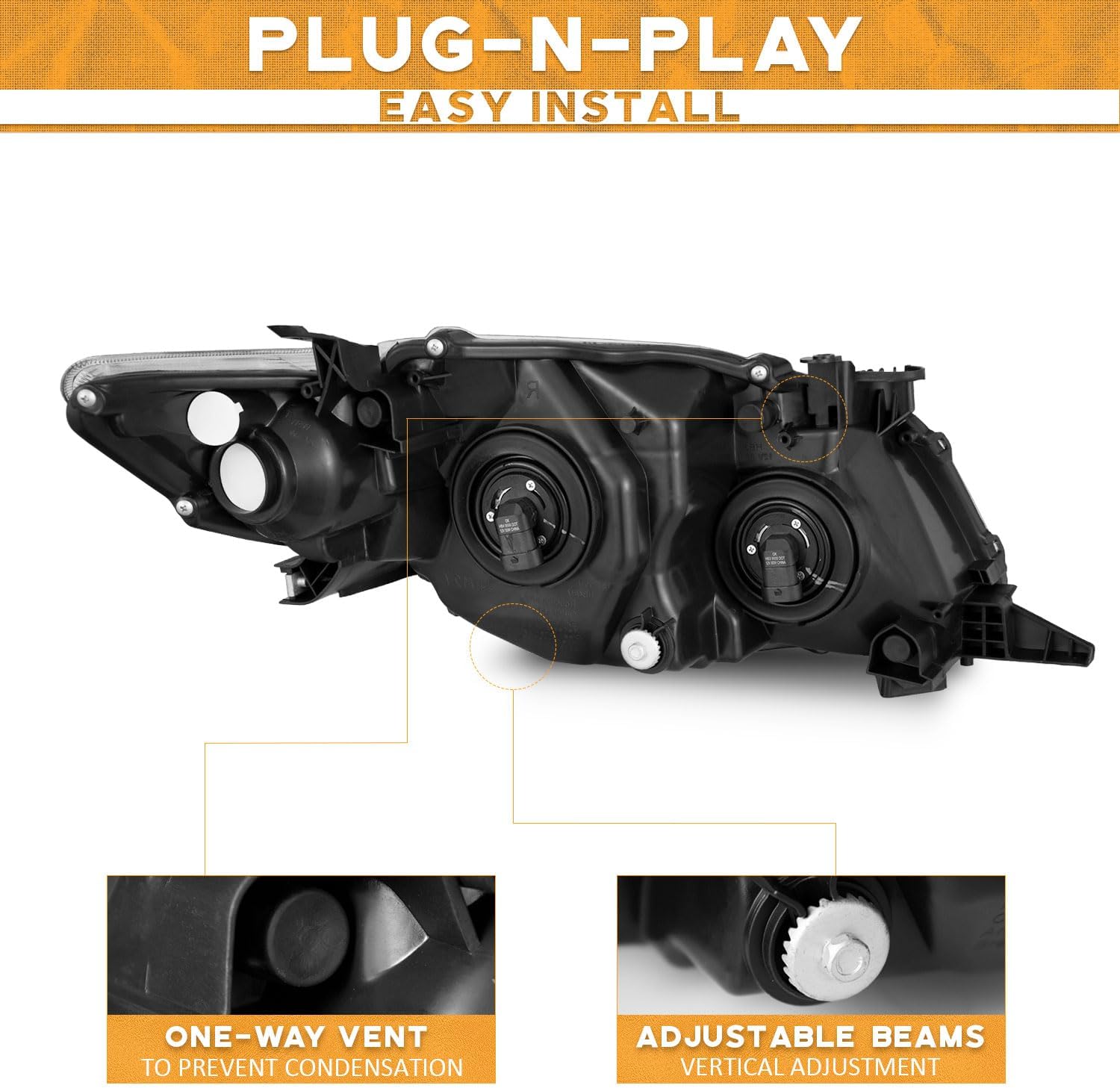 WEELMOTO Headlights for 2009-2010 Corolla, Headlamp Replacement compatible with 09 10 Corolla Black Housing Clear Lens Amber Reflector Left+Right Side