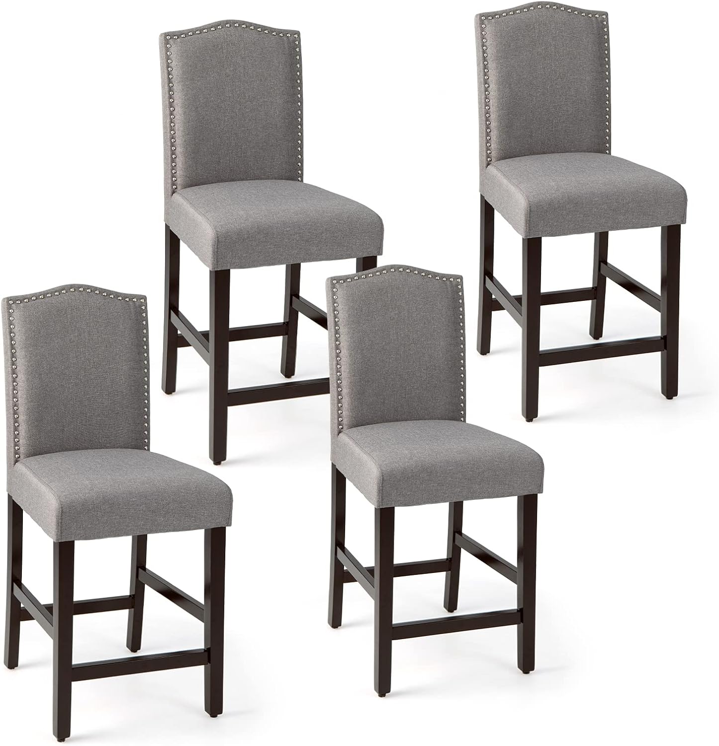 COSTWAY Juego de 4 taburetes de bar, sillas tapizadas de lino con patas de madera de goma maciza, sillas de bar de madera para isla de cocina de 25