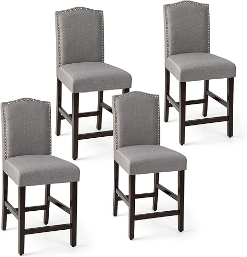 COSTWAY Juego de 4 taburetes de bar, sillas tapizadas de lino con patas de madera de goma maciza, sillas de bar de madera para isla de cocina de 25