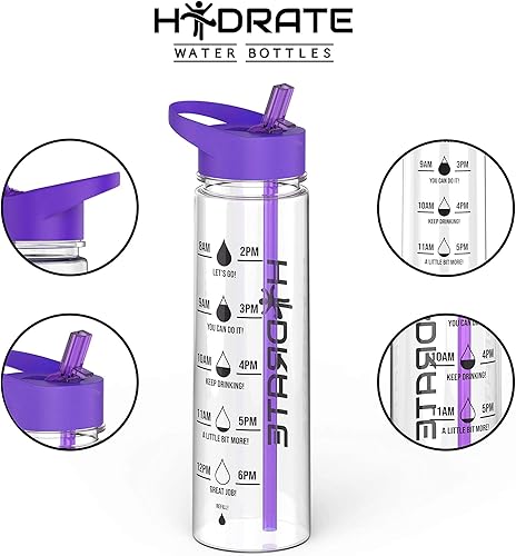 Miniatura 3 de HYDRATE Botellas de agua motivacionales de alta calidad de 30.4 fl oz con pajilla. Ingesta diaria de agua con marcas de tiempo, sin BPA. A prueba de