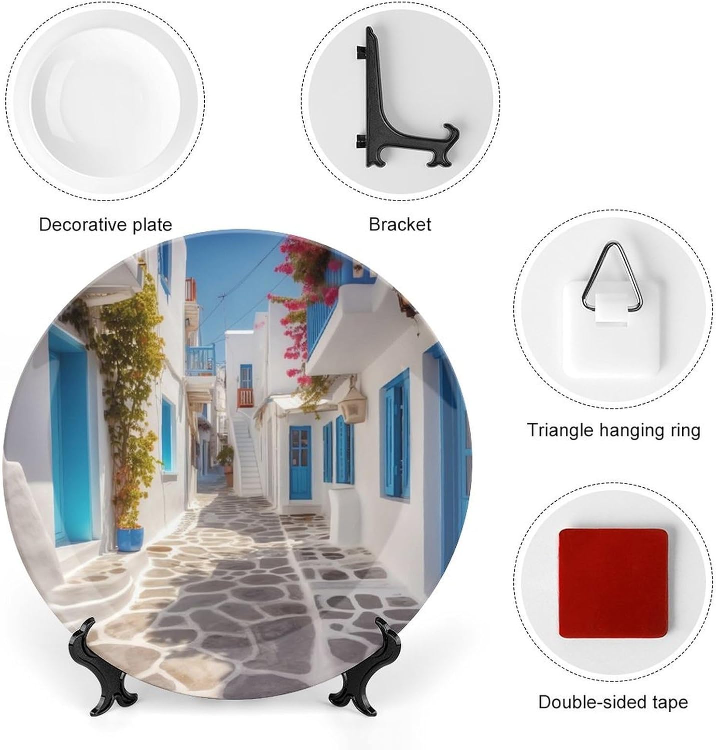 Greece Street Ceramic Decorative Plate 10inch Bone China Wall Hanging Ornament Plates Bohemian Style Dinner Plate with Stand Cabinet Display Plates for Home Art Decor