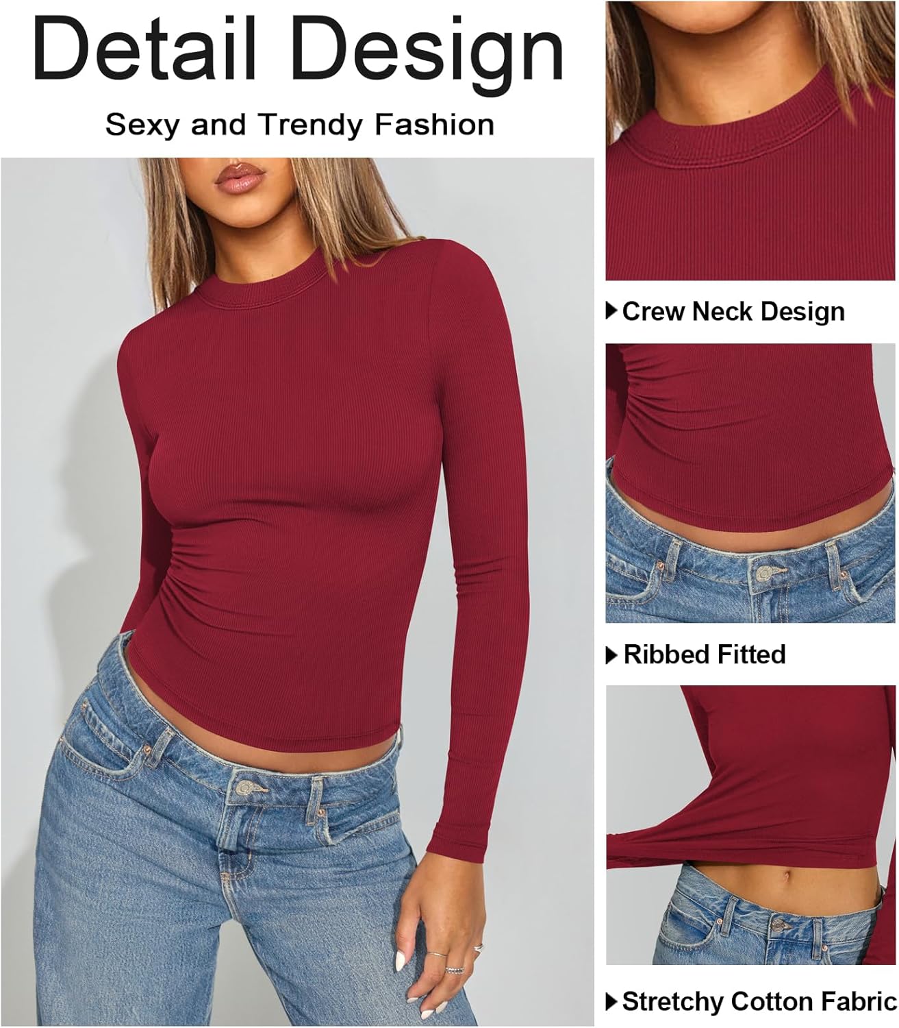 Womens Ribbed Long Sleeve T Shirts Crew Neck Fall Basic Tight Tops Fitted Casual Going Out Workout Cotton Fall Tops - Image 4