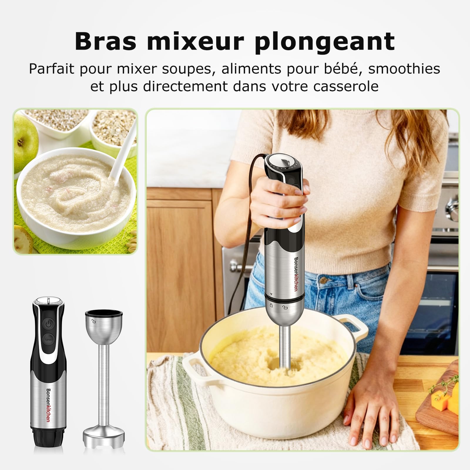 Bonsenkitchen Mixeur Plongeant 4-en-1, 1000W Inox avec 12 Vitesses et Fonction Turbo, Fouet, Verre Doseur 700ml, Hachoir – Idéal pour Aliments Bébé, Soupes & Smoothies