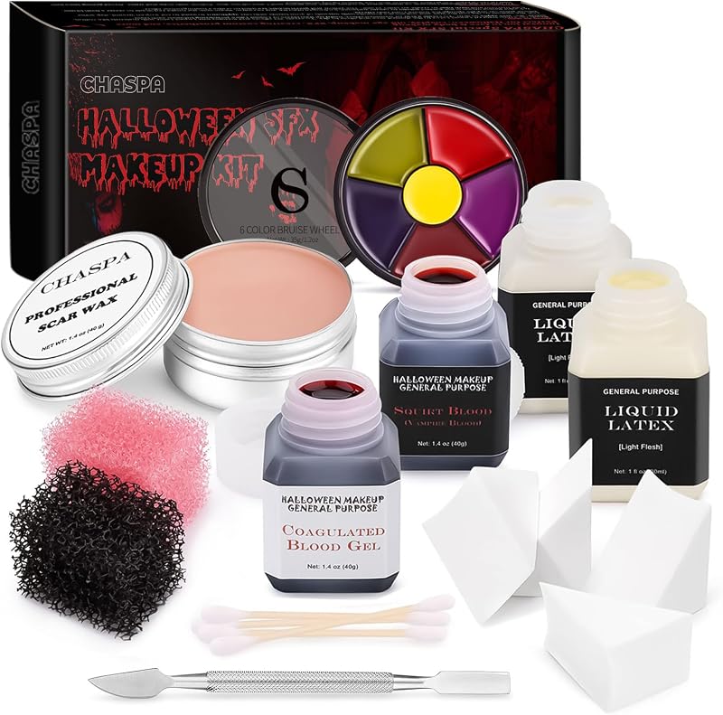 CHASPA Kit de maquillaje SFX de efectos especiales de látex líquido para Halloween: cera para cicatrices + 2 látex líquido Btl + 2 sangre falsa Btl + herramienta de espátula + 2 esponjas punteadas + 4 esponjas de maquillaje + hisopos de algodón