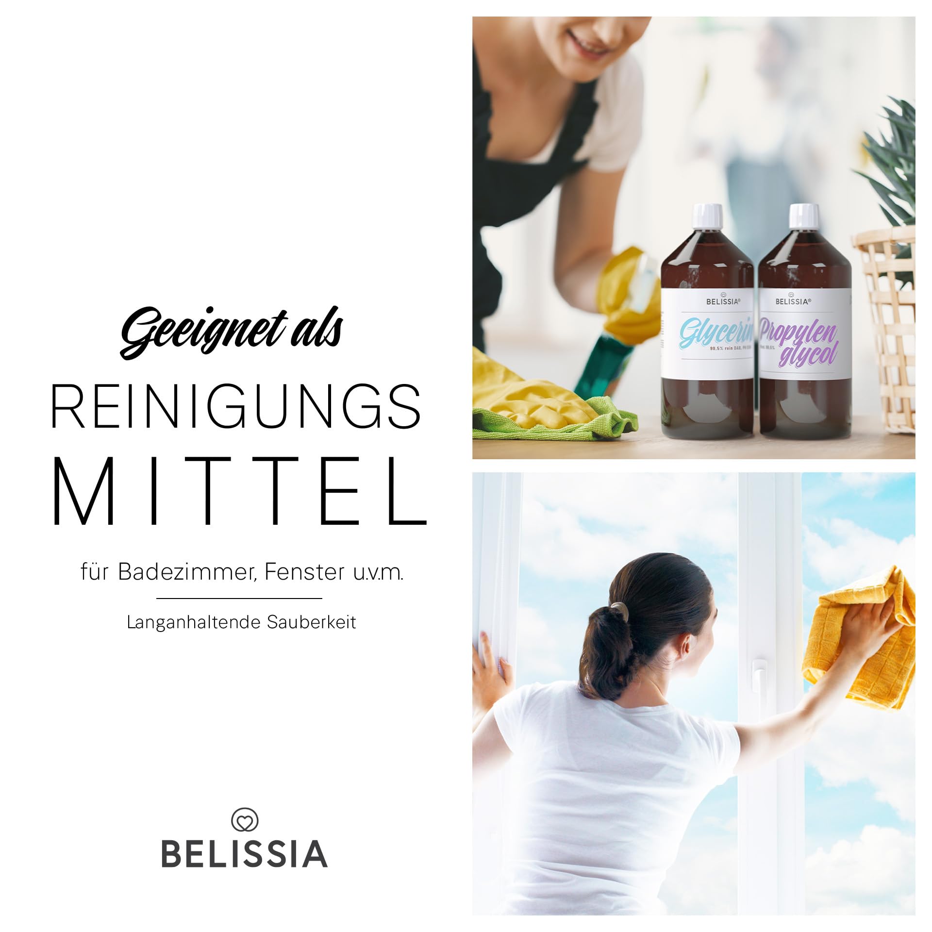 Belissia Glycerin (VG 99,8%) 1000ml E422 + & Propylenglykol (PG 99,5%) 1000ml E1520 | Laborqualität, Kosmetik, Pharma, Lebensmittel, Vegan