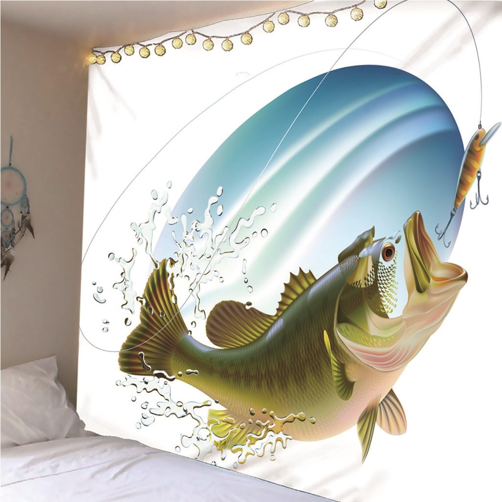 Lieson Arazzo Decorativo, Arazzi da Parete Indiano 260x240CM Pesca Tappeto Muro Camera da Appendere Alla Parete Per Decorazione Della Casa, Bianco Verde
