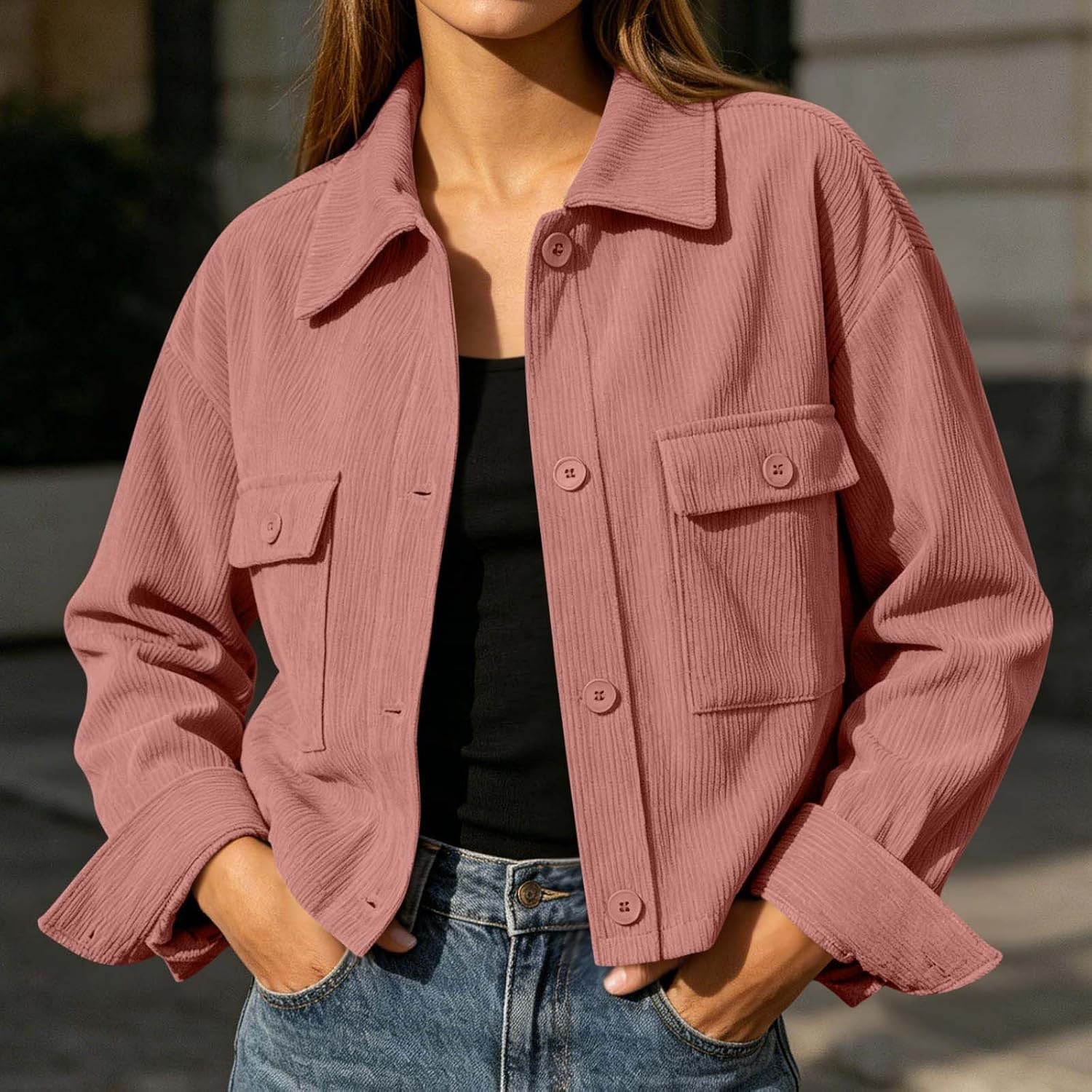 Corduroy Shacket for Women Long Sleeve Collared Button Down Jacket Fall Winter Casual Work Outerwear with Pocket