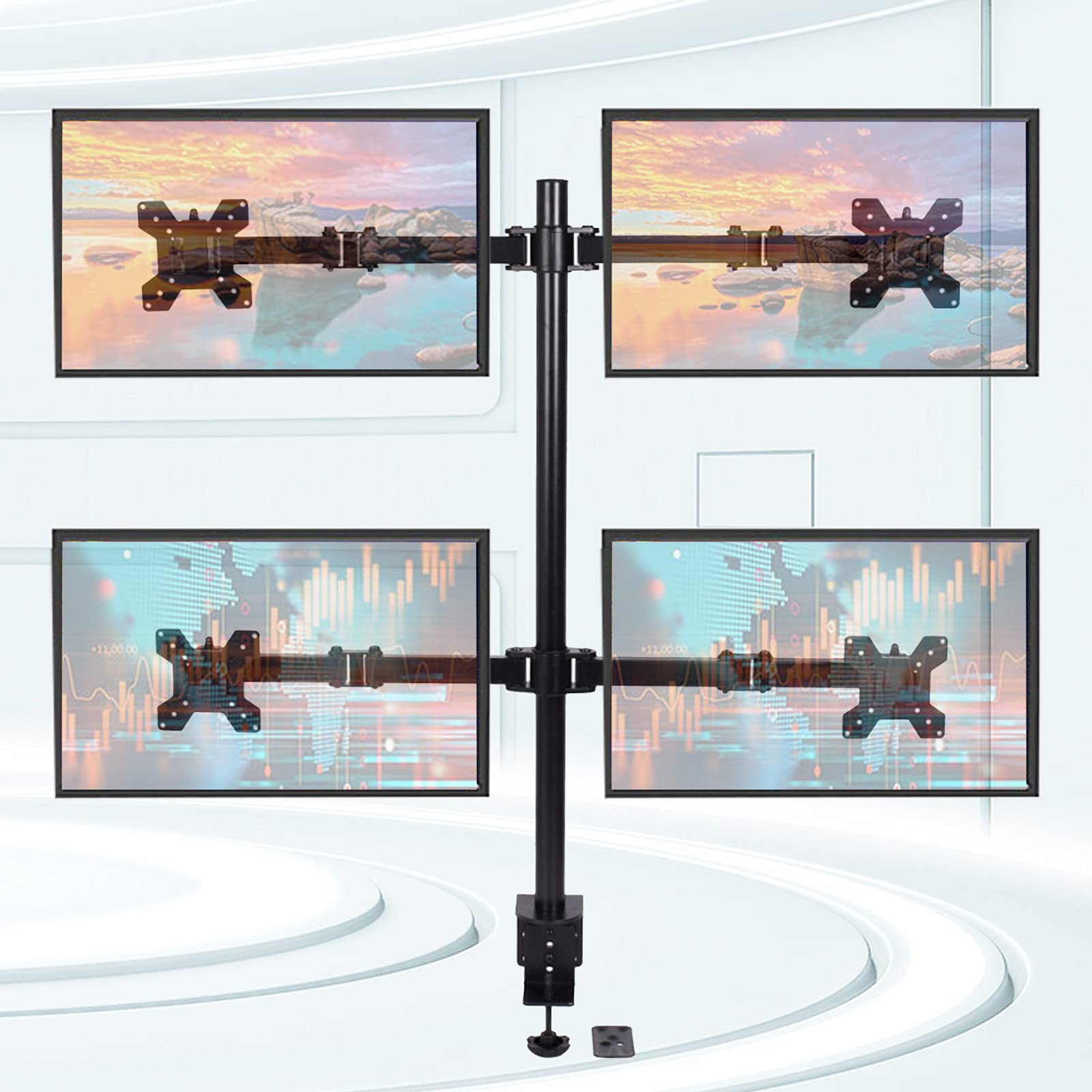 Soporte de monitor para 4 monitores, altura ajustable, inclinación de pantalla, rotación de 360 grados, altura de pantalla para monitor de 17 a 32 pulgadas, acero + aluminio, 9 kg por brazo