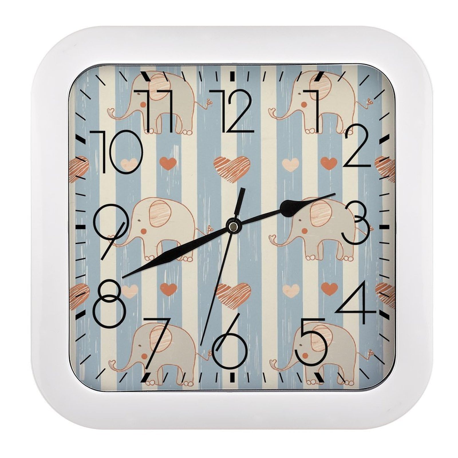 NTVOWPZO 10 Inch Wall Clock Stripes and Elephants Battery Operated Wall Clocks Silent Non-Ticking Square Wall Clock for Living Room Kitchen Home Office Wall Decorative Clocks