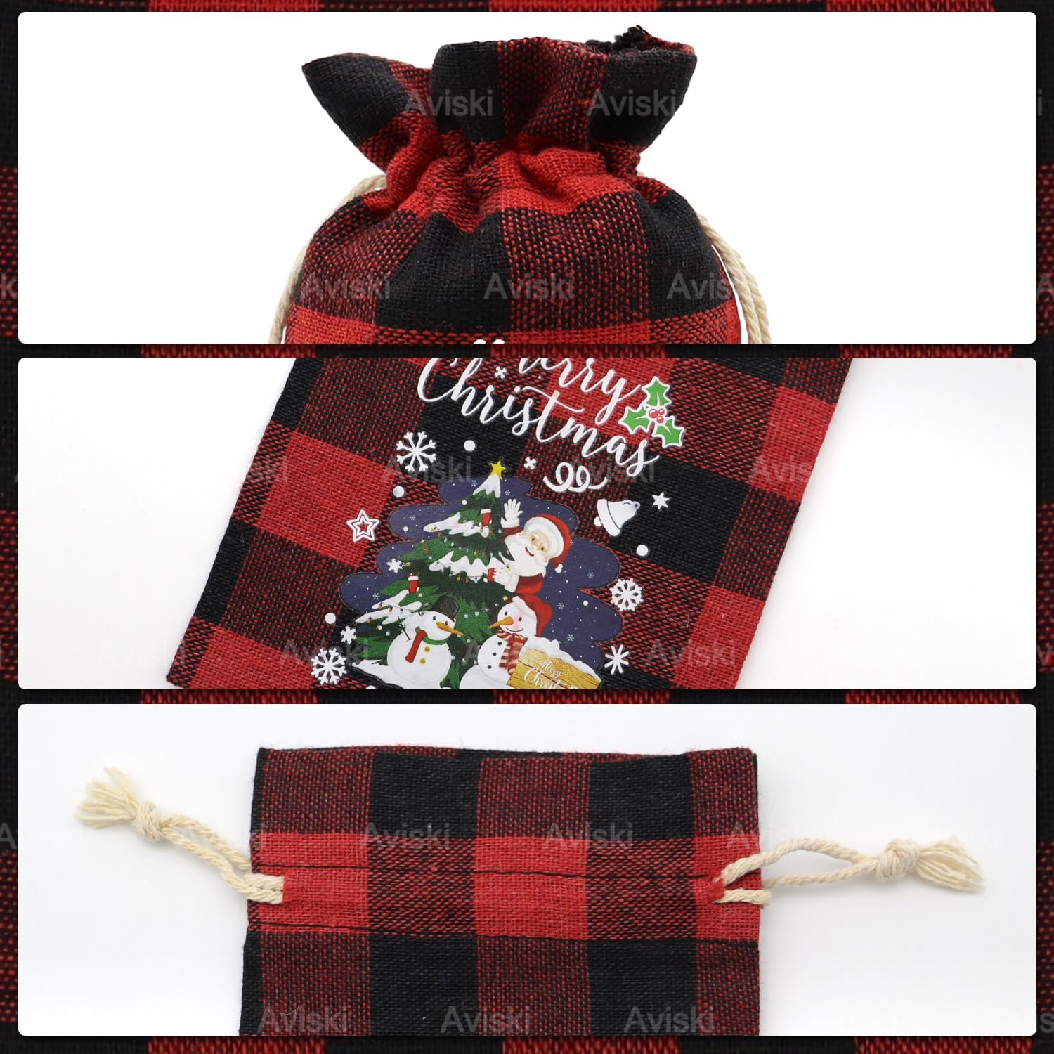 Aviski 120PCS Cotton Small Christmas Drawstring Candy Treat Bags Buffalo Plaid Xmas Xmas Christmas Fabric Goody Gift Sacks Reusable Gift Wrapping Bags Holiday Party Favors - Red/Black