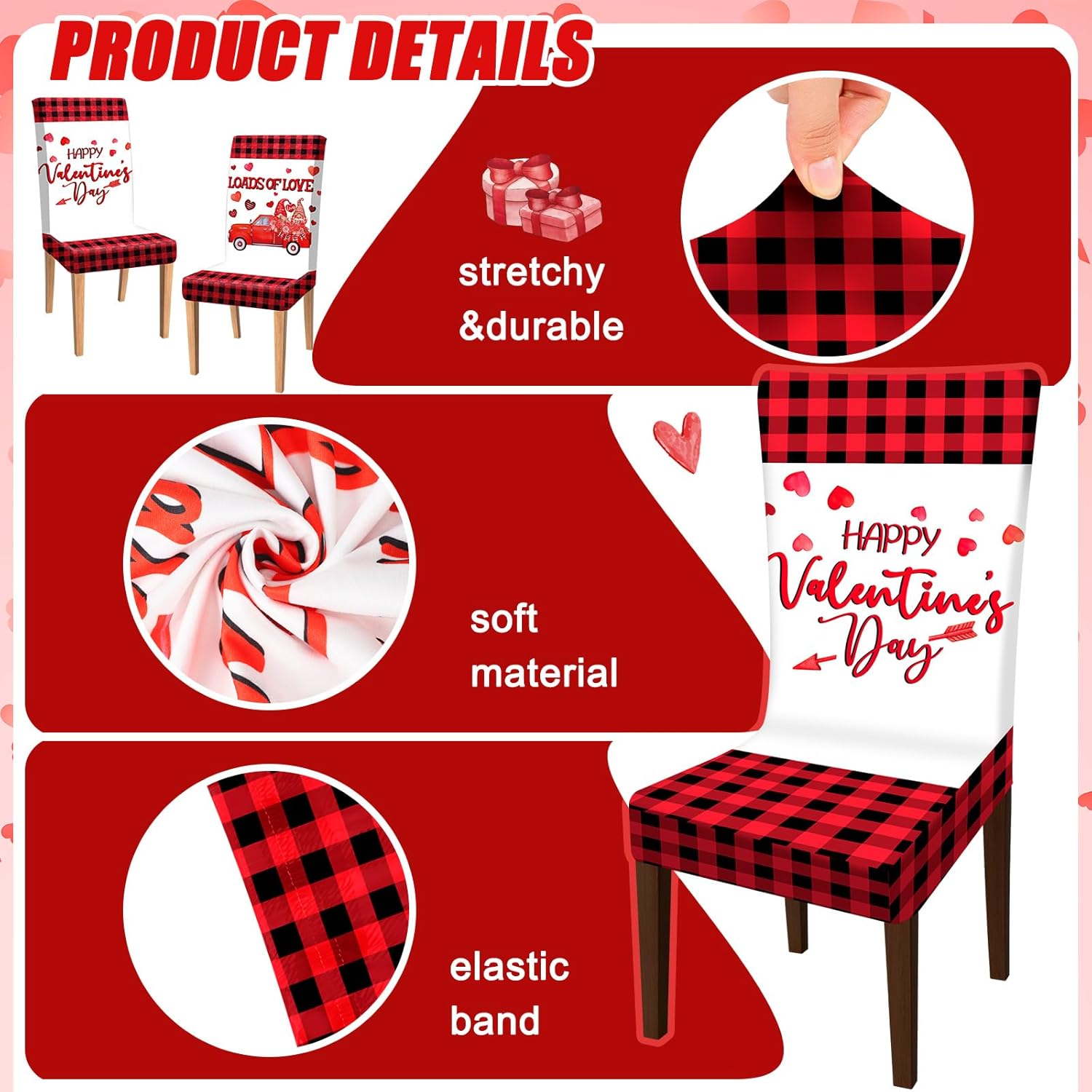 SmoothNovelty 6 Pcs Valentine‘s Day Chair Covers Dining Chair Slipcover Gnome Heart Chair Back Covers Buffalo Plaid Removable Washable Valentine Seat Chair Protector Cover for Room Kitchen Party Decor