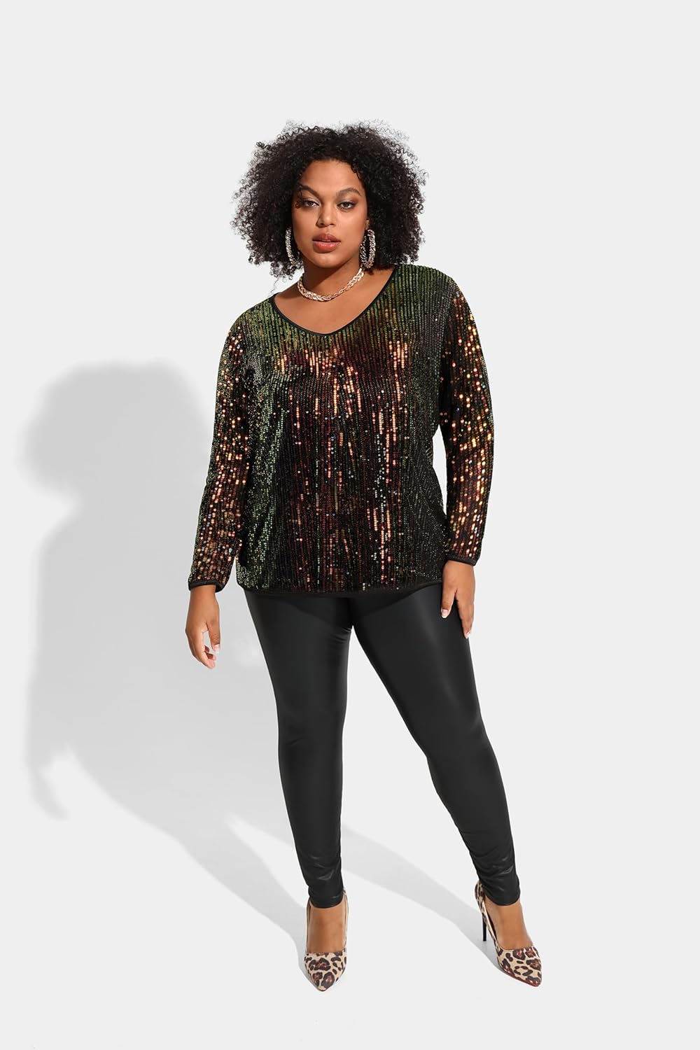 TIYOMI Plus Size Tops for Women Long Sleeve Sequins Party Tunic V Neck Casual Shirt Pleated Front Blouse Spring Winter XL-5XL - Image 7