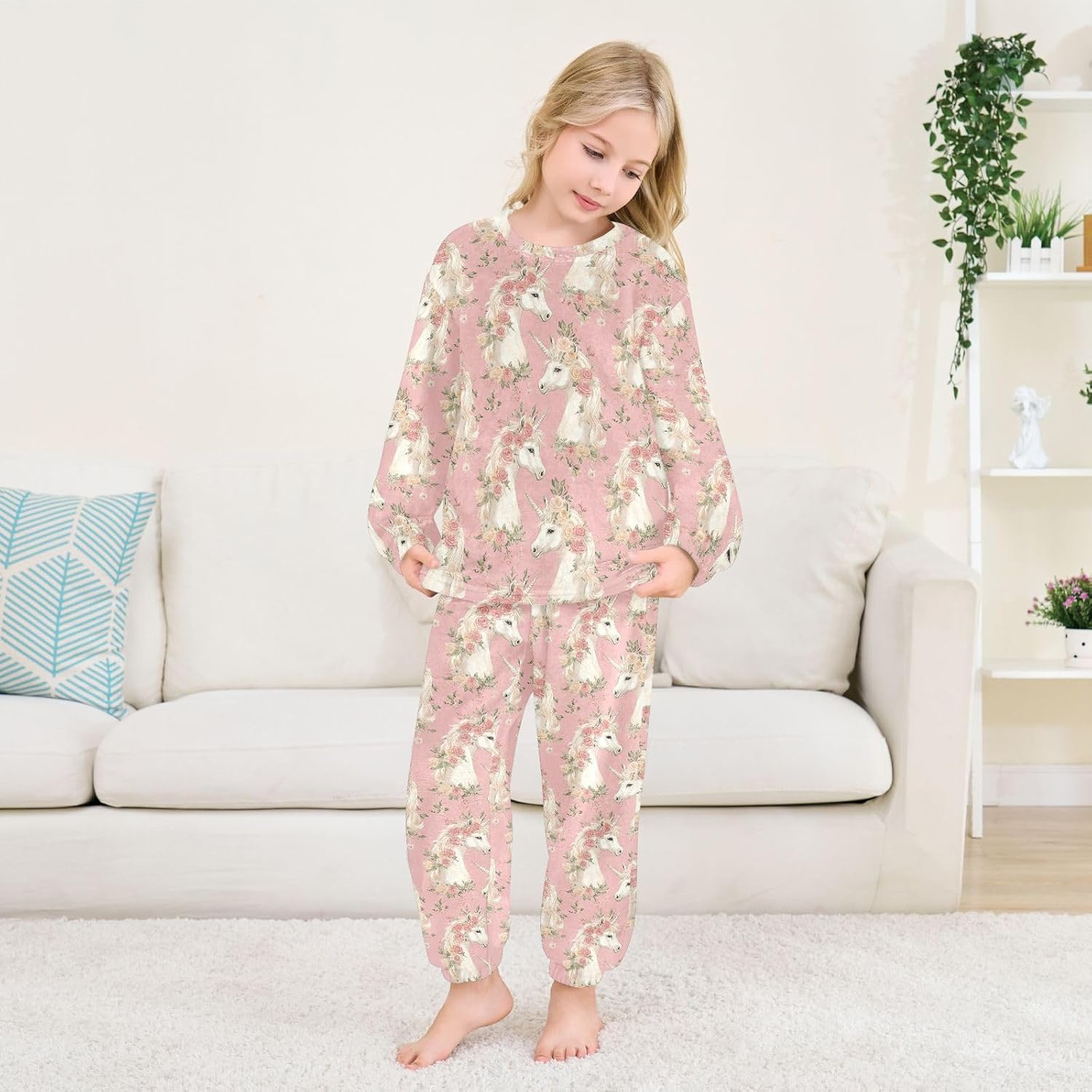 Rose Unicorn Pink Plush Pajama Sets Soft Flannel Fleece Sleepwear