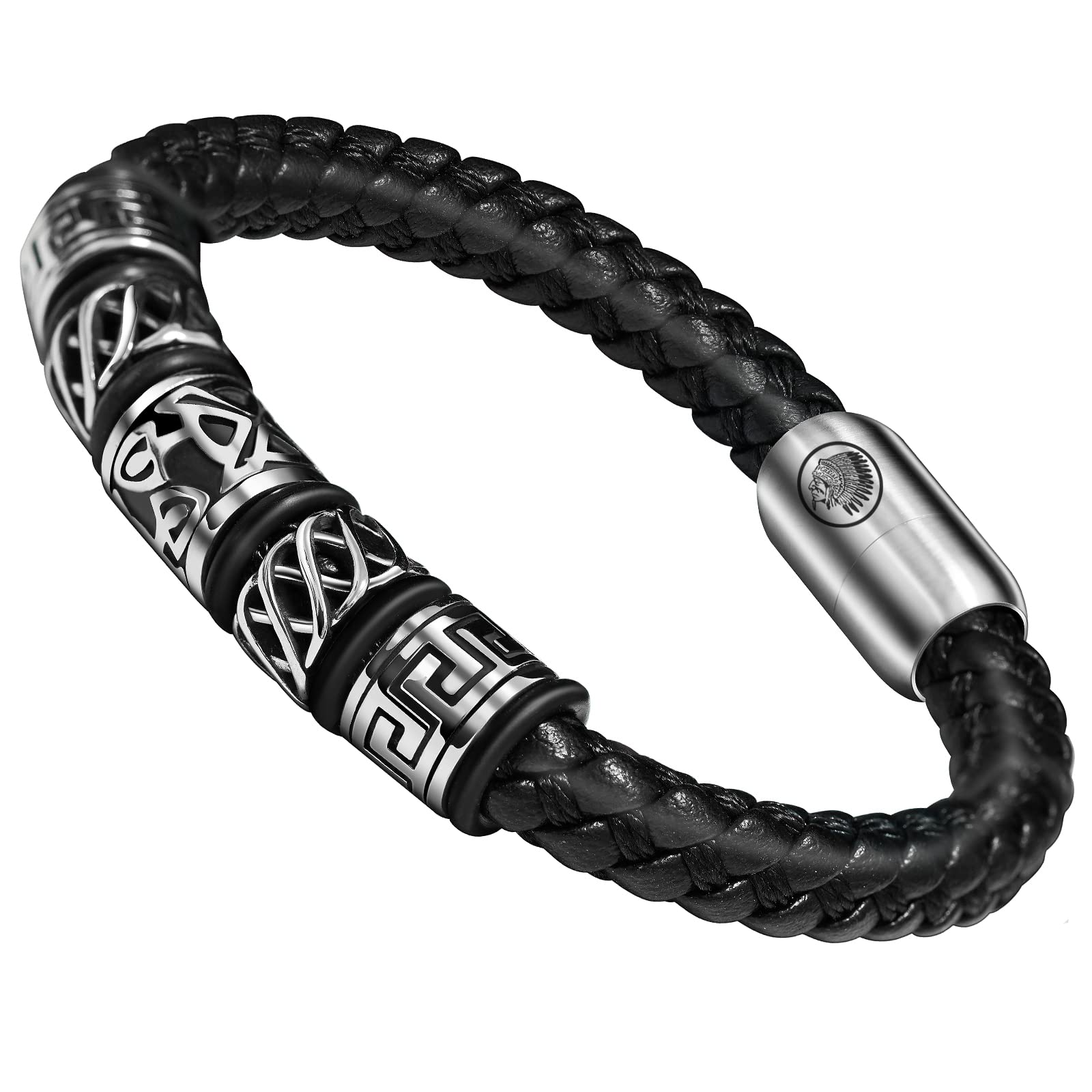 Mens Leather Bracelet – Classic Handmade Braided Black & Brown Cuff Bracelet with Magnetic Clasp FREE Jewelry GIFT Bags