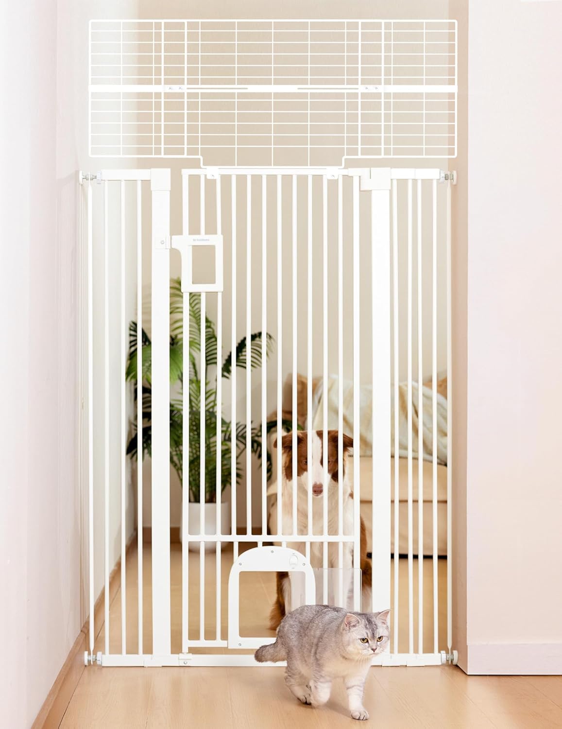 No Pawblems 71" Extra Tall Pet Gate with Adjustable Cat Door, 29-43" Auto Close Tall Dog Gate, NO Drilling Pressure Mounted for Doorways/Hallways, 1.37" Narrow Bar Spacing, White