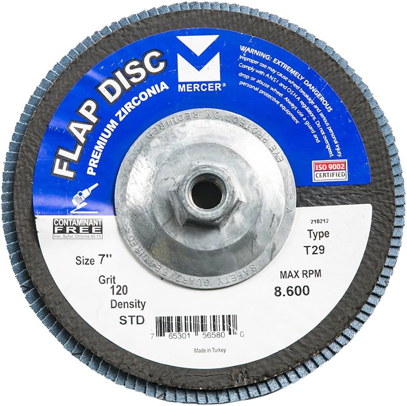 Mercer Industries 343H120 Zirconia Flap Disc, Type 29, 7 x 5/8-11, Grit 120, 10 Pack