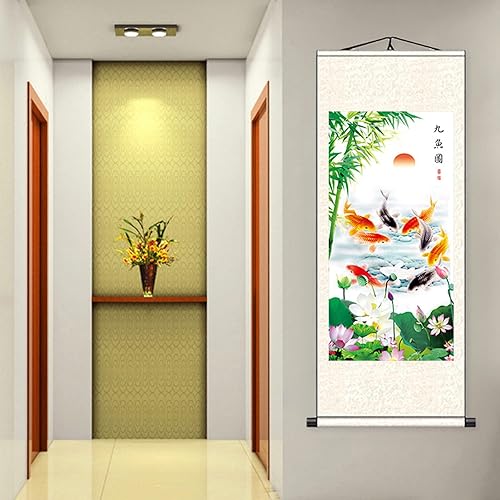 Miniatura 8 de FOVNOT Arte de pared de pergamino de seda china - Pintura de nueve peces koi con loto y peonía, decoración asiática del hogar Feng Shui, pergamino