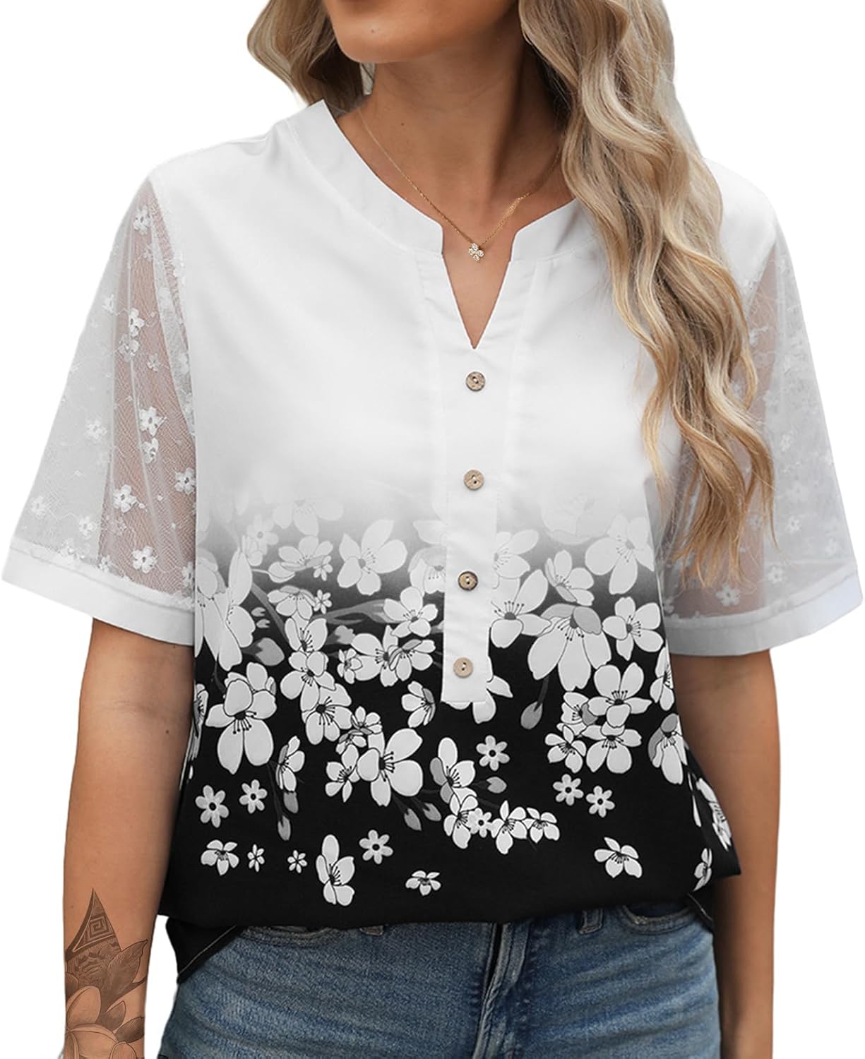 Womens Summer Tops V Neck Short Sleeve Button T Shirts Trendy Print Sheer Blouses Plus Size Comfy Casual Outfits