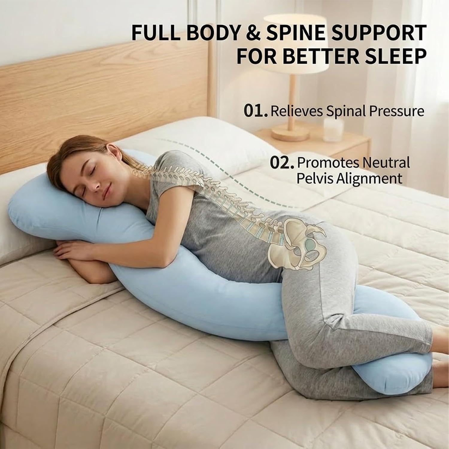 Supportive Sleep Pillow, Curved Body Cushion, Full Length Pregnancy Comfort Pillow with Adaptive Shape, Soft Ergonomic Rest Aid, Relaxation Bedding with Modern Design for Home Travel Sleep Accessory