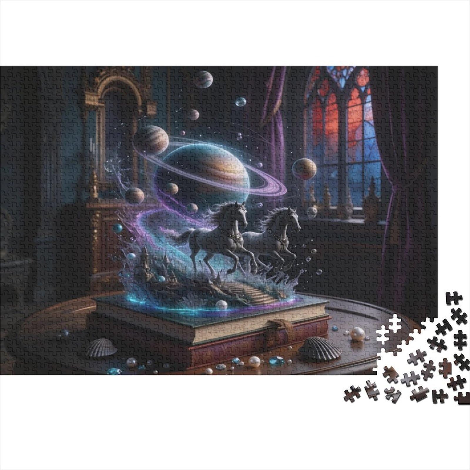 Book Horses Art 1000 Pieces Jigsaw Puzzle Thick Recycled Board Fantasy Space Book Decor for Adults & Puzzle Enthusiasts Non-Toxic 38x26cm/1000pcs