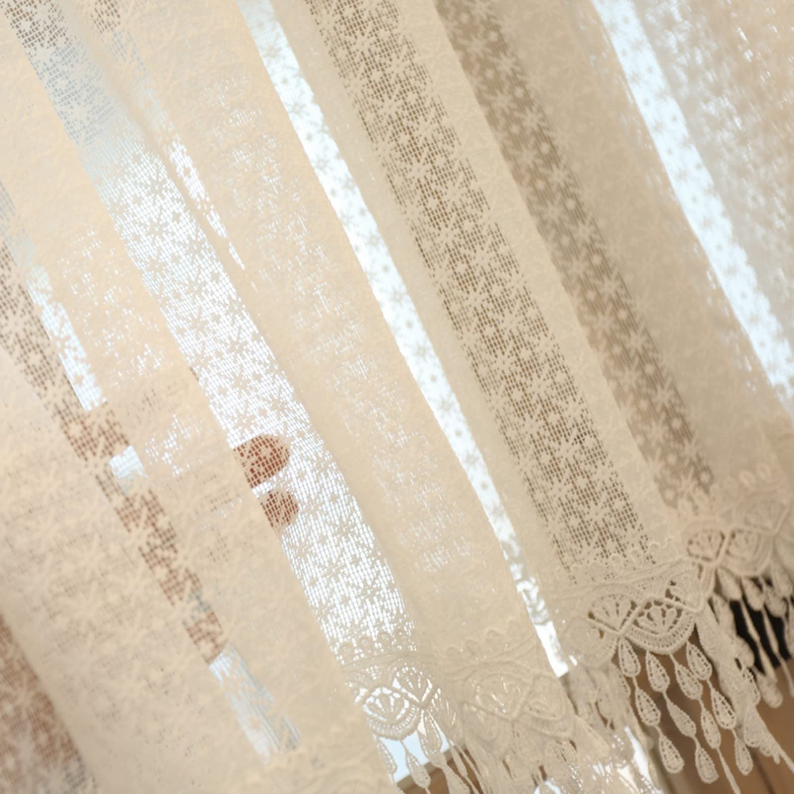 A.Monamour Gardine Scheibengardinen Kurzstores Weiße Transparente Voile Spitze Schneeflocken Textur mit Wassertropfen Quasten Kurzvorhang Kurzgardinen Küche Vorhang Fenster Kurz Stores Bistrogardine