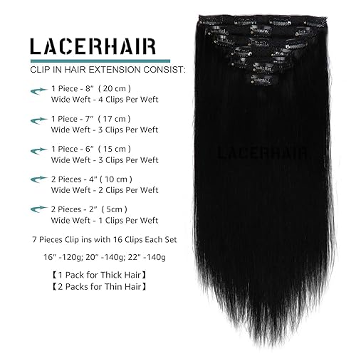 Vista 435 de Lacer Extensiones de cabello humano con clip, de doble trama, cabello brasileño de cabeza completa, color negro azabache, extensiones de cabello