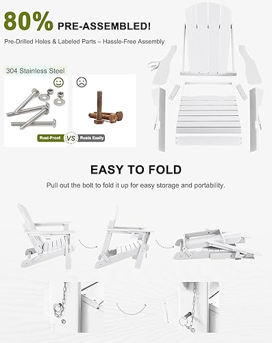 Miniatura 7 de Juego de 2 sillas plegables Adirondack de plástico con portavasos, resistentes a la intemperie para exteriores, patio, césped, jardín, terraza