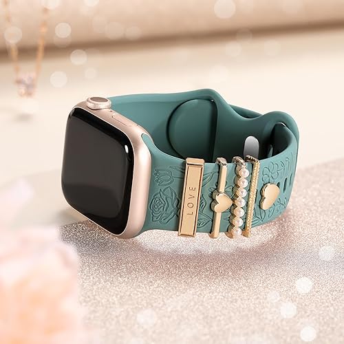 Miniatura 9 de DaQin Flower Engraved Band Compatible with Apple Watch Bands 44mm 42mm 45mm 46mm for Women, Soft Silicone Strap With Decorative for Apple Watch
