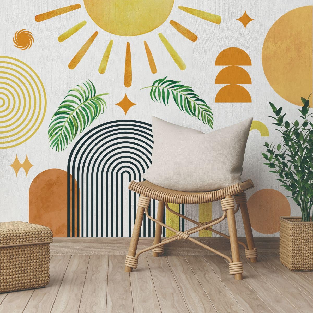Runtoo Boho Wall Decal Arch Sun Palm Leaves Wall Stickers for Girls Bedroom Living Room Kids Nursery Abstract Modern Home Decor