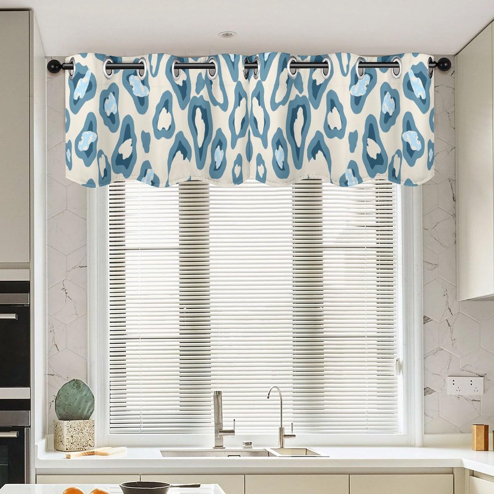 Cortinas cortas exóticas estilo chinoiserie azul con estampado de guepardo para ventana, 2 uds