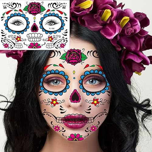 Miniatura 3 de Calcomanías de tatuaje de cara de Halloween, accesorios de festival, decoración de calavera de azúcar, maquillaje facial, bricolaje, autoadhesivo,