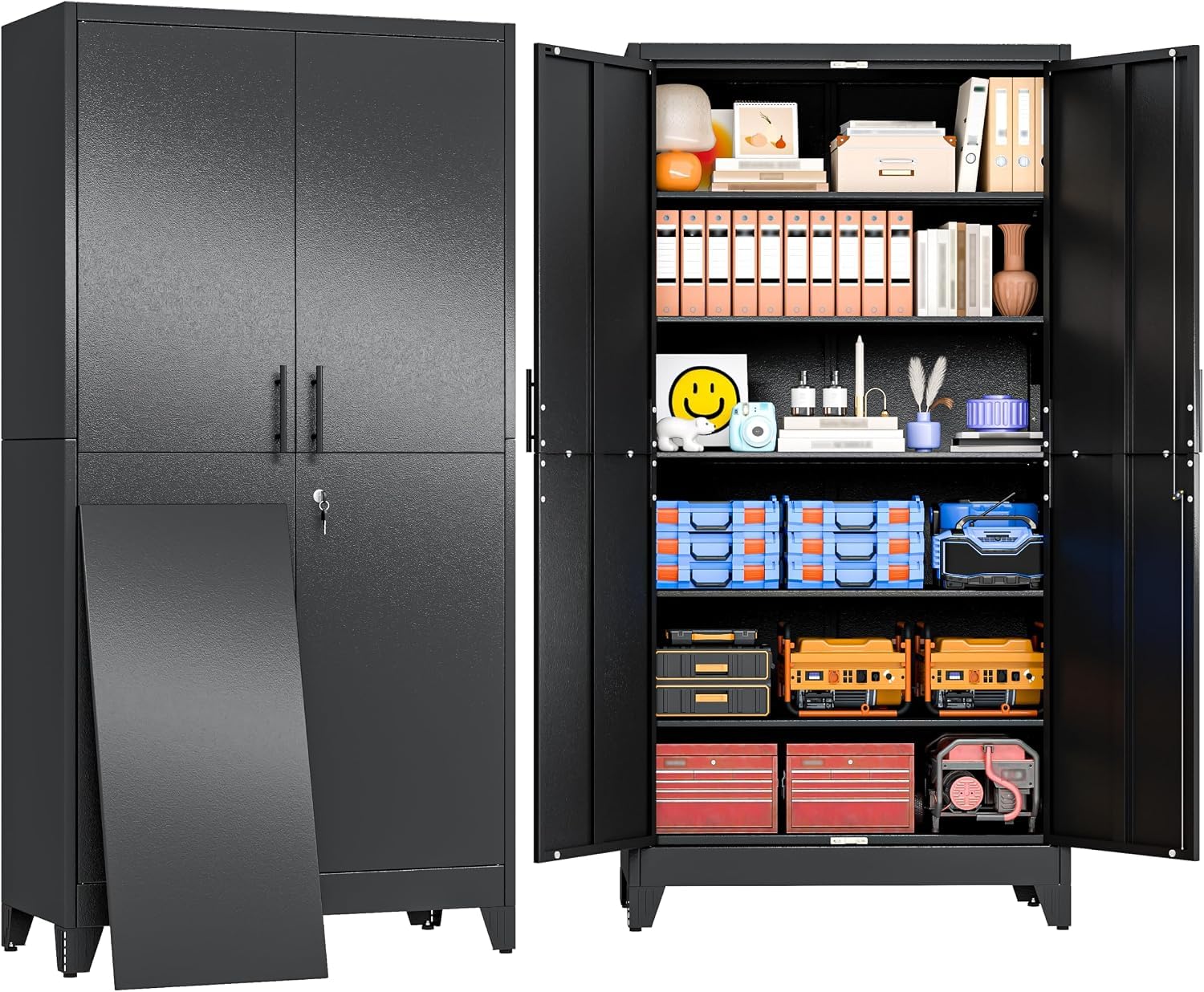79" Black Metal Storage Cabinet with 2 Doors and 5 Adjustable Shelves,Steel Garage Tool Cabinet, File Cabinet,Kitchen Pantry Cabinet for Home,Office,Garage,School,Warehouse