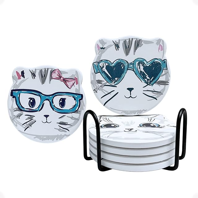 Drink Coasters Set of 6, Coasters with Holder Ceramic Cat Absorbent Coaster Set, 4 Inch Coasters for Coffee Tea Mugs Cups Wine Glasses, Placemats Thanksgiving Christmas New Year Housewarming Gift