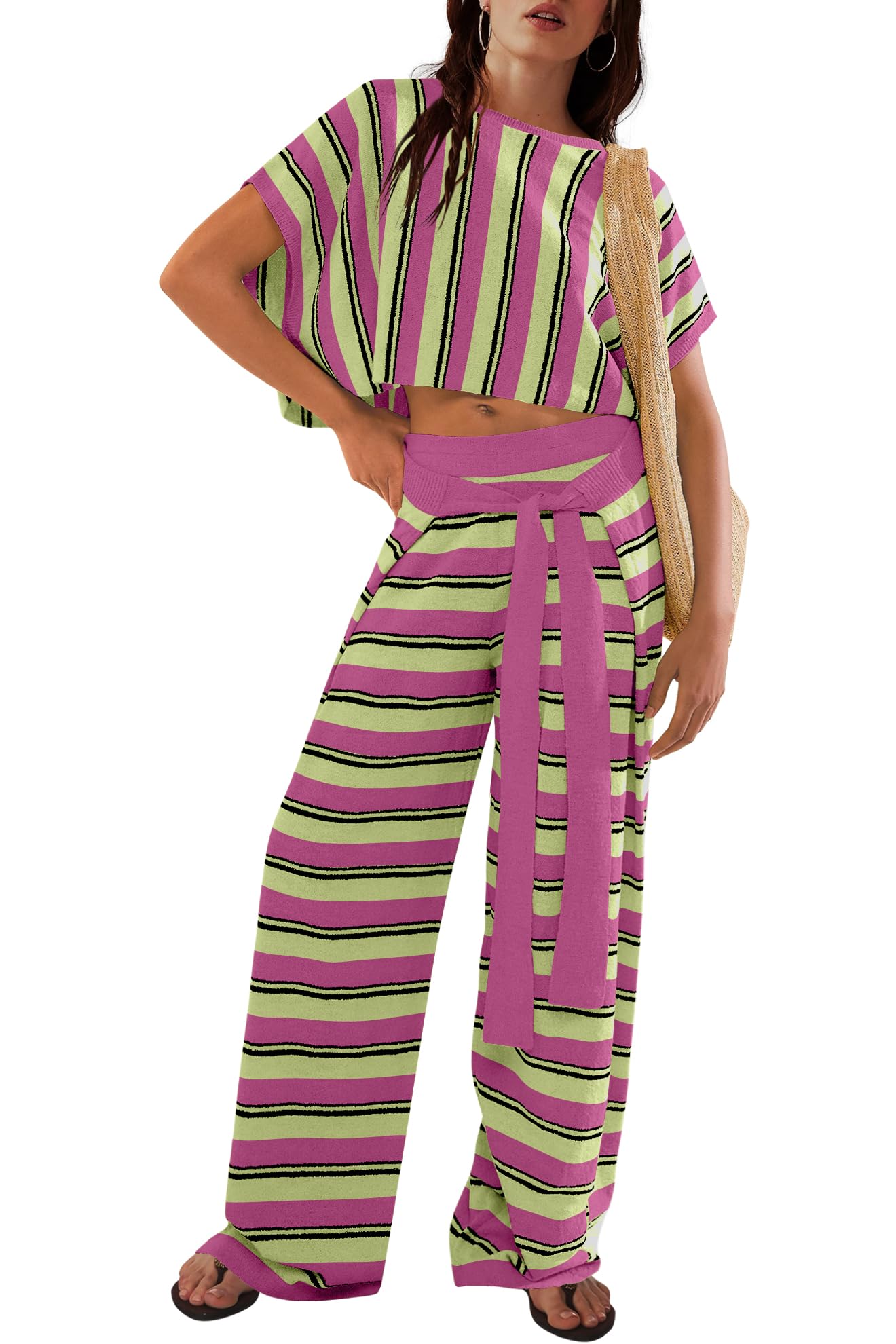 LAMISSCHEOversized Womens Lounge Set Striped Sweater Set Short Sleeve 2 Piece Pajama Set Beach Outfits