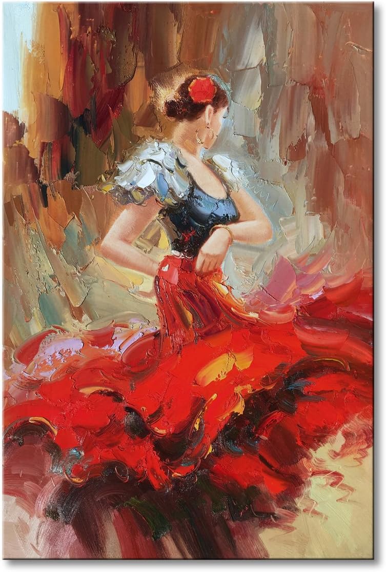 Hand Painted Spanish Flamenco Dancer Oil Painting On Canvas with Red Skirt Impression Woman Abstract Wall Art