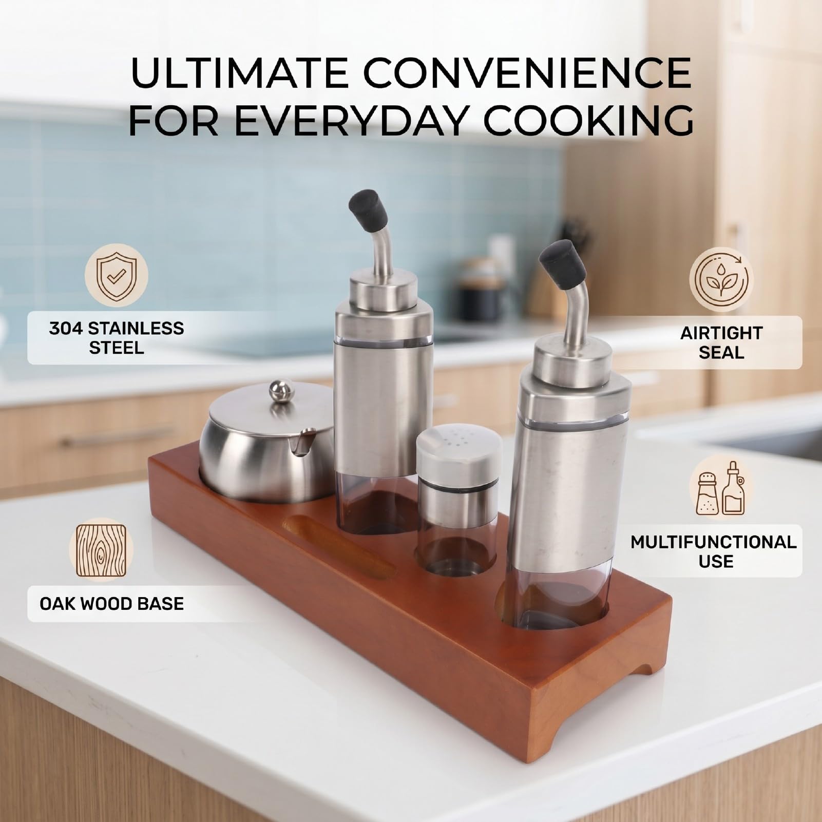 Luocute Juego de Dispensador de Condimentos de Acero Inoxidable 304 con Base de Madera