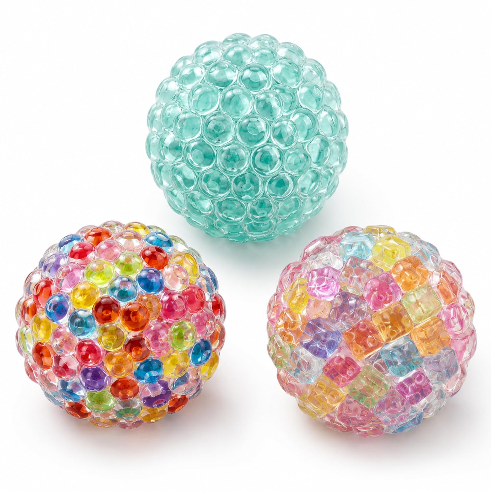 3PCS Crunchy Squishy Balls, Office Relaxation Tools with Tactile Feedback, Portable Hand Exercise Devices for Daily Use, Includes Ice Cube, Rainbow Cube and Rainbow Bead Designs