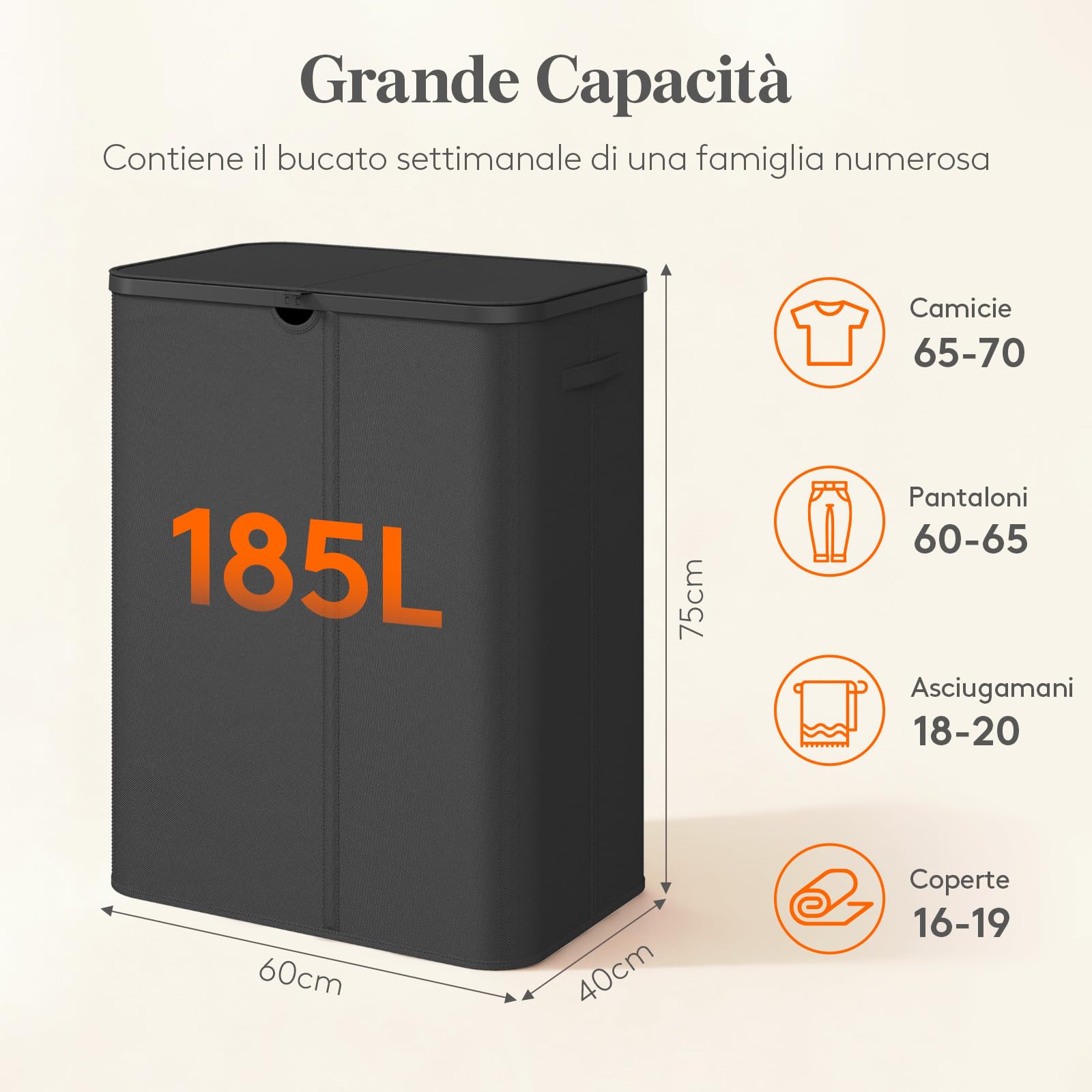 Lifewit Cesto Portabiancheria con Coperchio, Grande Portabiancheria Pieghevole a 3 Scomparti con Sacchi Rimovibili, Laundry Basket per Camera da Letto, Bagno e Lavanderia, 185L, Nero