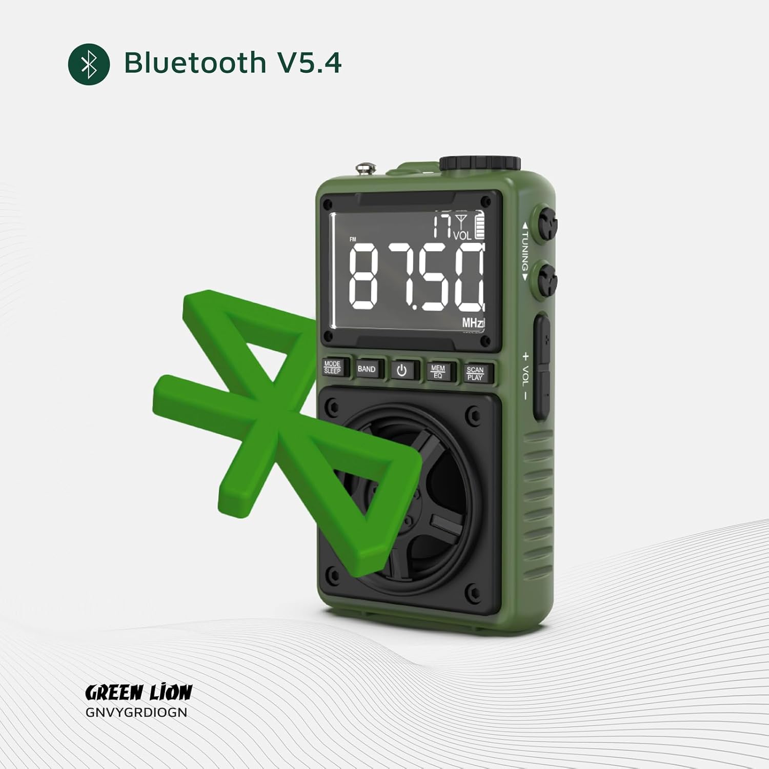 Green Lion Voyager Radio with a large Bluetooth symbol floating next to it, indicating Bluetooth V5.4 connectivity.