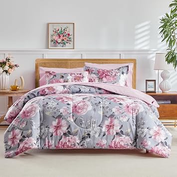 Joyreap 3pcs Floral Comforter Set Twin, Tie-dye Pink Flowers on Gray Design, Microfiber Lightweight Bedding Comforter Set for All Season- 68x88 inches