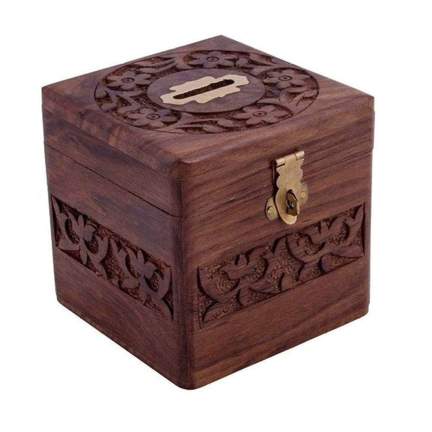 Hamid Handicraft Handmade Wooden Square Money/Piggy Bank/Coin Box with Beautiful Carving Design for Kids Brown (B08666RT93) Amazon Price History, Amazon Price Tracker