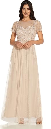 Adrianna Papell Womens 3D Beaded Point Desprit Gown