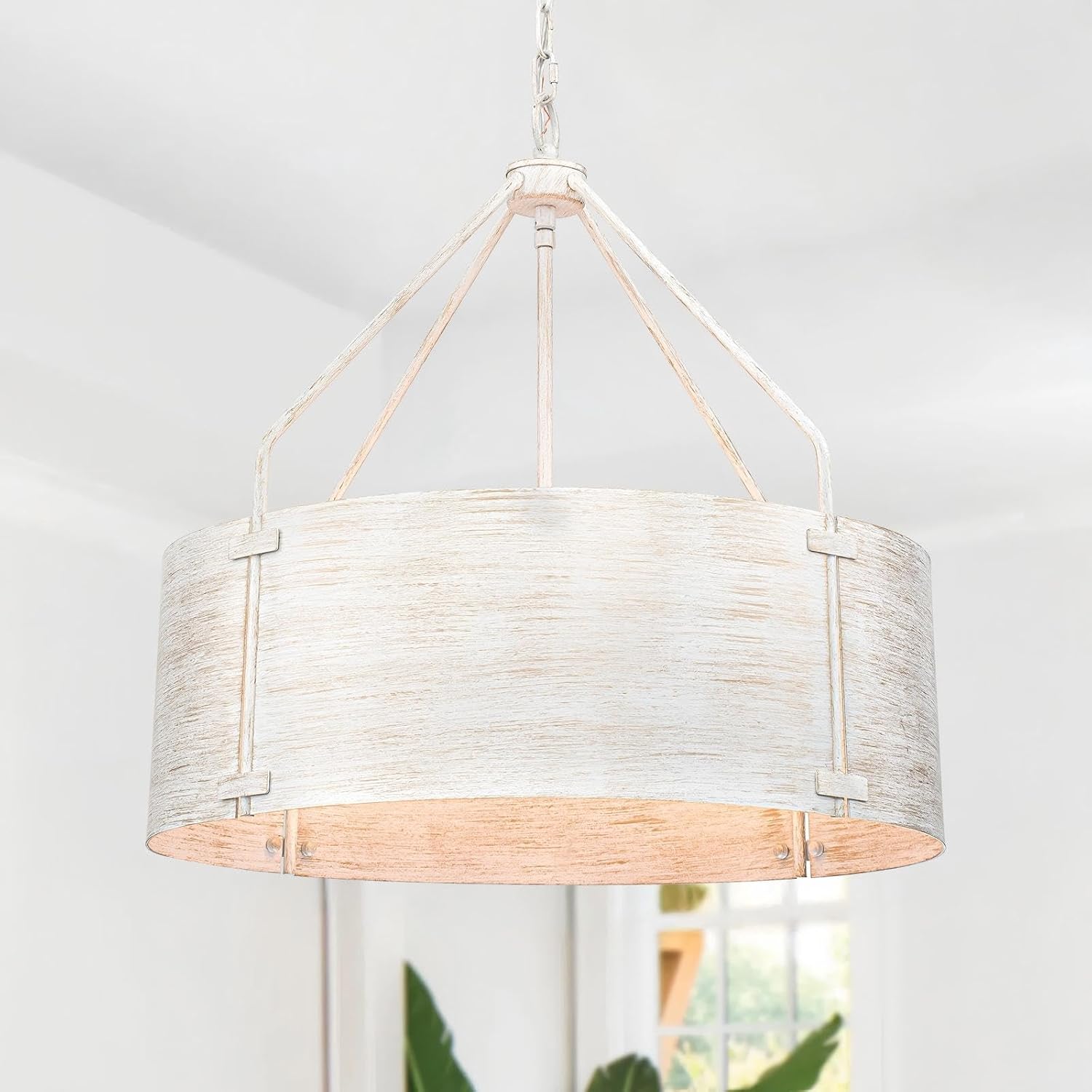 Drum Chandeliers for Dining Room,22" Distressed White Metal Dining Room Light Fixture Over Table, Industrial Vintage Rustic French Pendant Light for Kitchen,Entryway,Living Room