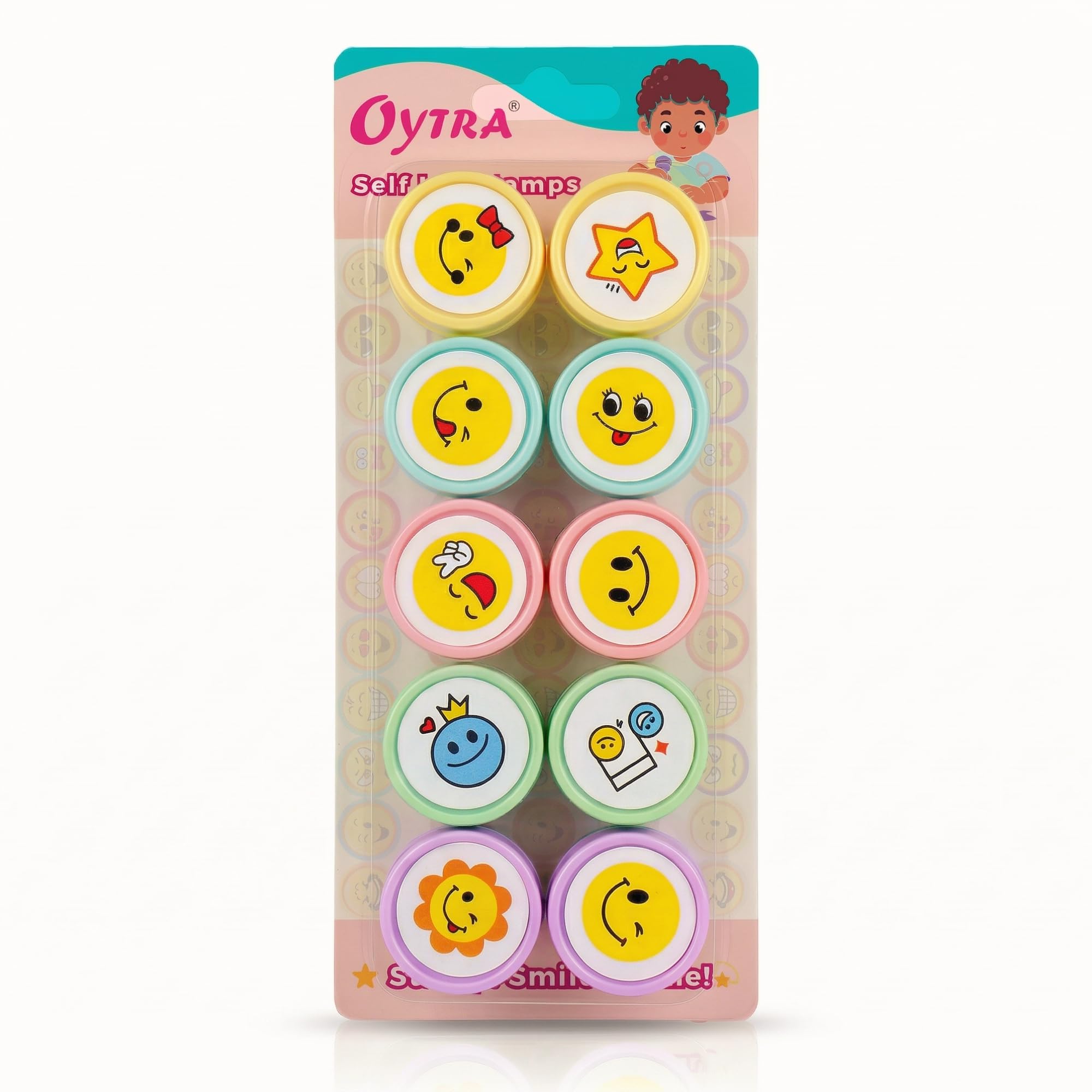 Oytra Emoji Stamps for Kids Set of 10 Stationery Rubber Self Inking Stamp for Smile Reward Appreciation Motivation Teachers Students Scrapbooking Art Craft Birthday Gift-image-18