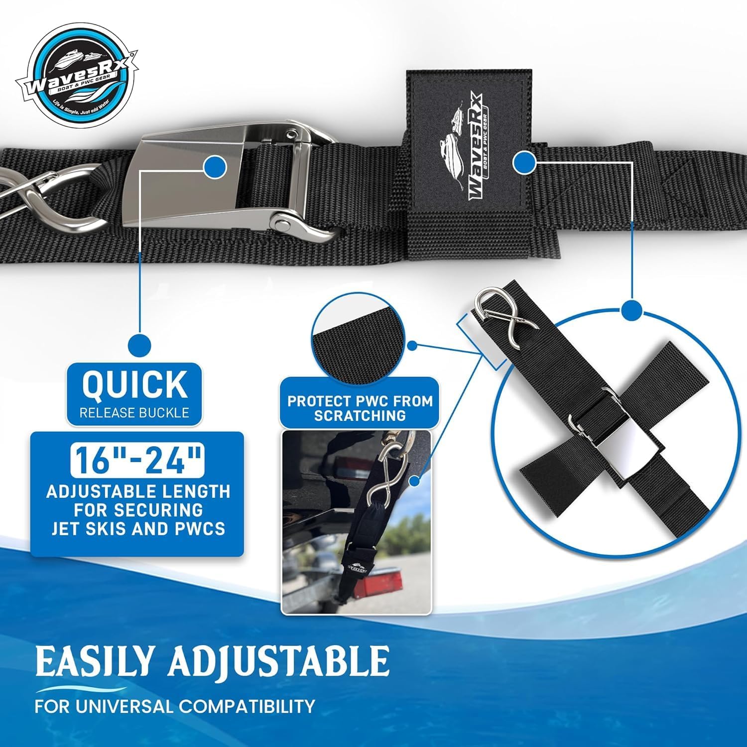 WavesRx Premium Boat & Jet Ski Trailer Transom Straps - Marine Tie Downs - Adjustable via Quick Release Buckle - Must Have Boating Accessories for Safe and Secure Transportation of Your Watercraft