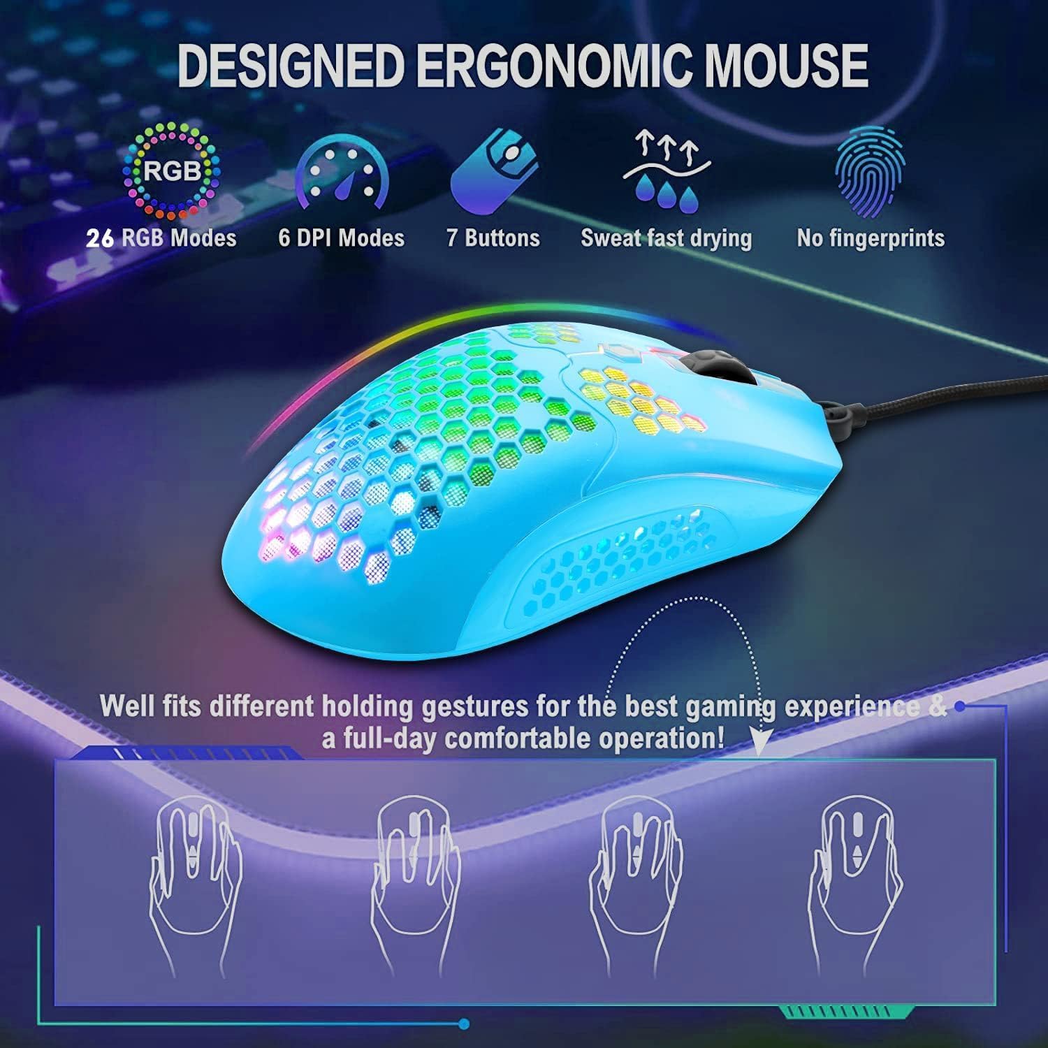 ZIYOU LANG T60 Clavier Et Souris De Jeu Mécaniques 60% [Disposition Britannique] – Mini Clavier Ergonomique Lumineux RVB De Type C – 12 000 DPI, Souris USB en Nid d'abeille– Interrupteur Bleu + Rouge