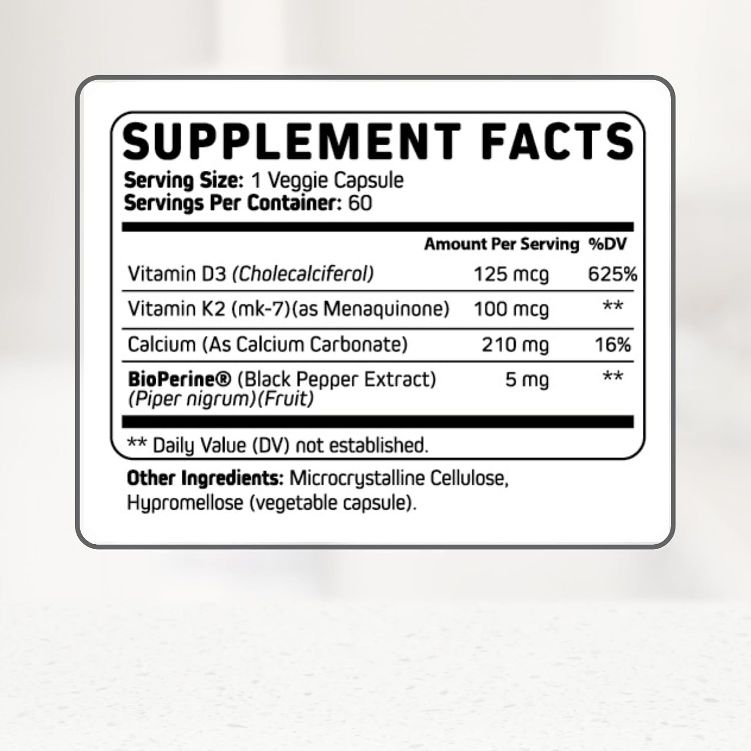 Vitamin D3 K2 Calcium Supplement - Vitamin D 5000 IU + Vitamin K2 MK7 100 mcg, Bone Strength & Heart Health Supplements for Women & Men, D3K2 Teeth Vitamins with Bioperine, US-Made Non-GMO 60 Cap